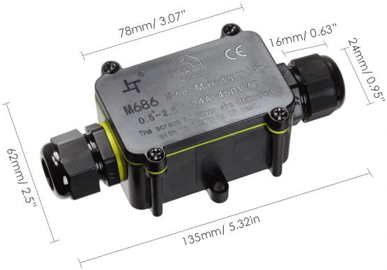 IP68 Waterproof Junction Box, HUYU 2-Way Outdoor Cable Connectors with 2 Cable M20 Gland Wire Connector Electrical Junction Box for 5-12MM Diameter Cable, 3 Pin Terminal, Black - Image 3
