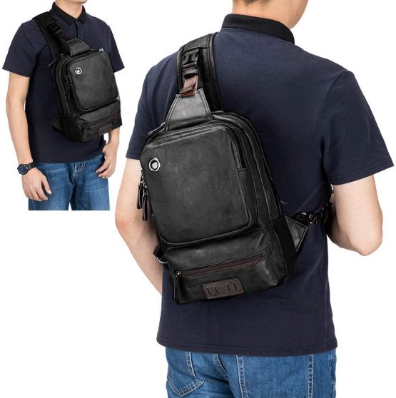 SPAHER Man Bag Leather Sling Bag Backpack Mens Messenger Bag Chest Bag Crossbody Shoulder Bag Daypack Rucksack for Business Outdoor Sports Hiking Camping Travelling Black - Image 2