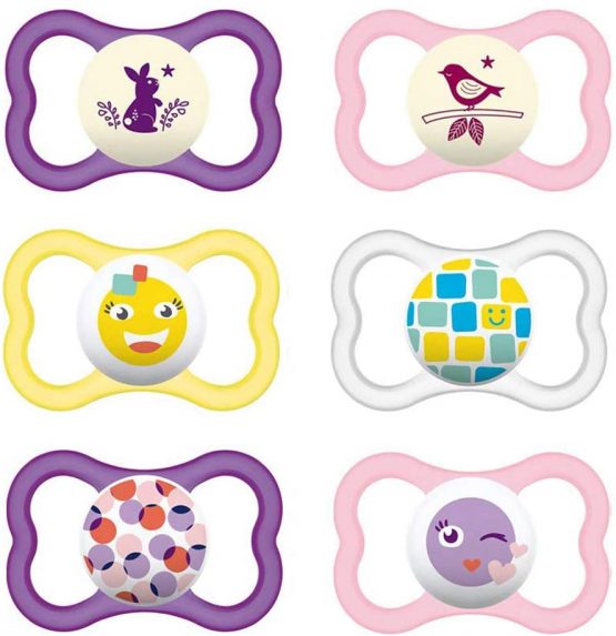 MAM Day & Night MAM Air Silicone Dummy 6-16 Months // MAM Air Night Girl // Set of 6 // Includes 3 Sterilised Transport Boxes