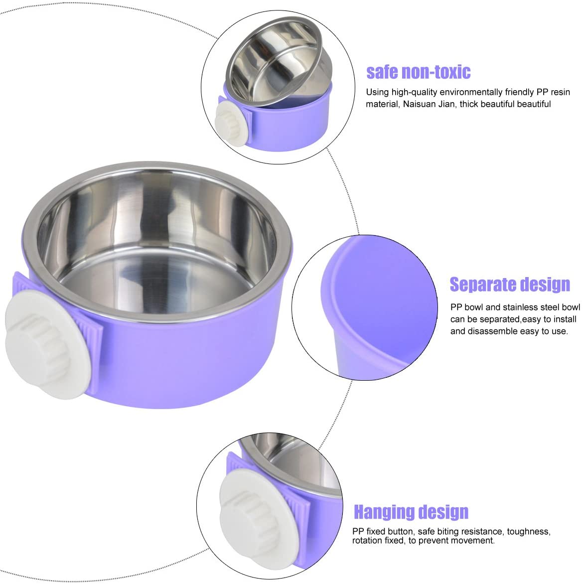 ShareWe Pet Hanging Bowl 2-in-1 Removable Stainless Steel Dog Crate Bowl Food Water Hanging Bowl for Dog Cat Bird Rabbit Hamster Ferret (Purple) - Image 2