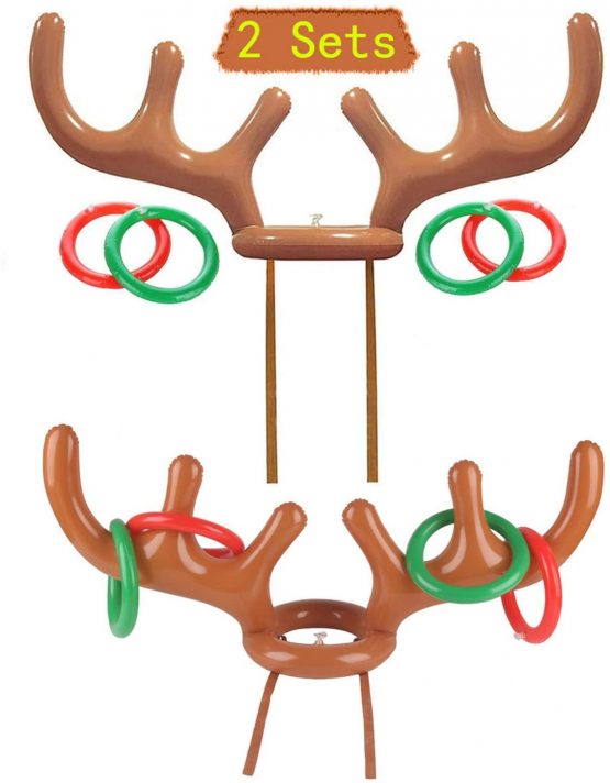 YAAVAAW 10pcs Christmas Party Toss Inflatable Reindeer Antler Hat with Rings (2 Inflatable Antler,8 Rings Toss),For Family Kids Office Xmas Holiday New Year Party Fun Games