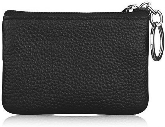Hibate Mini Coin Purse Holder Wallet Leather Purses for Women Men Kids Minimalist Zip Pouch with Key Ring - Black - Image 2