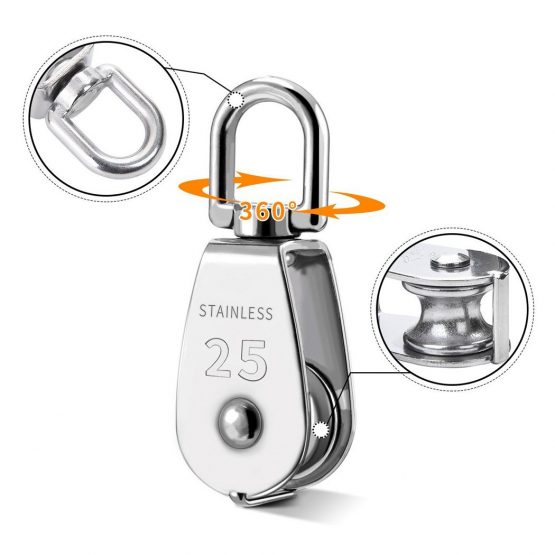 TooTaci Crane Pulley Block M25 Lifting Crane Swivel Hook single Hanging Wire Towing Wheel 304 Stainless Steel - 20 meter Nylon Pulley Line rope & Carabiner Snap Hook Clips - Loading 150 kg/300LB - Image 2