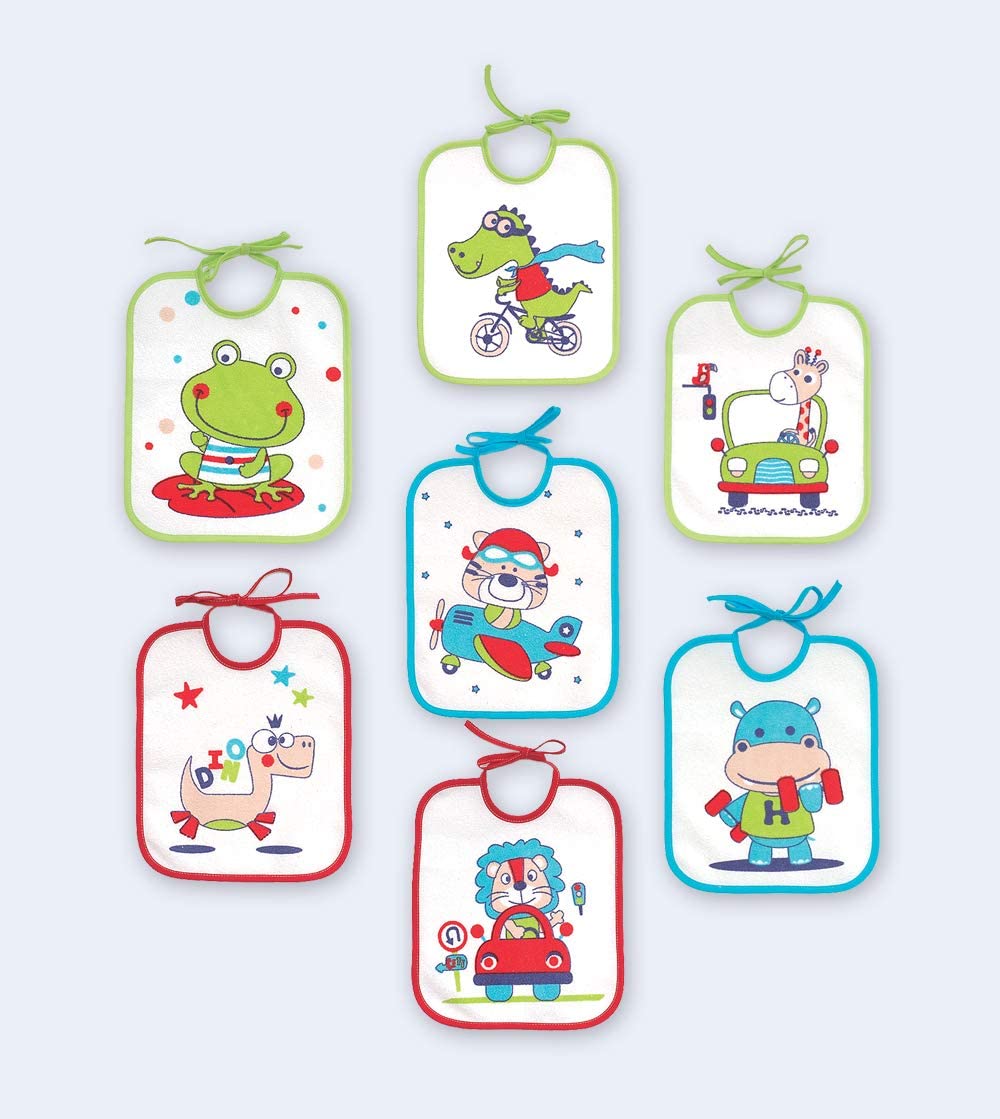Ti TIN - Pack of 7 Waterproof Baby Bibs 73% Cotton - 27% Polyester Vinyl Lining, Yellow-Grey-Blue, 12-18 Months - Image 2