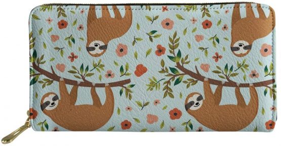 HUGS IDEA PU Leather Long Wallet Sloth Flowers Printing Women's Zipper Purse Clutch