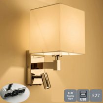 HARPER LIVING 1xE27/ES Up Down Wall Light with Adjustable LED Reading Light, 1 USB Port and 2 On/Off Switches, Polished Chrome Finish, White Fabric Shade (Square Shade)