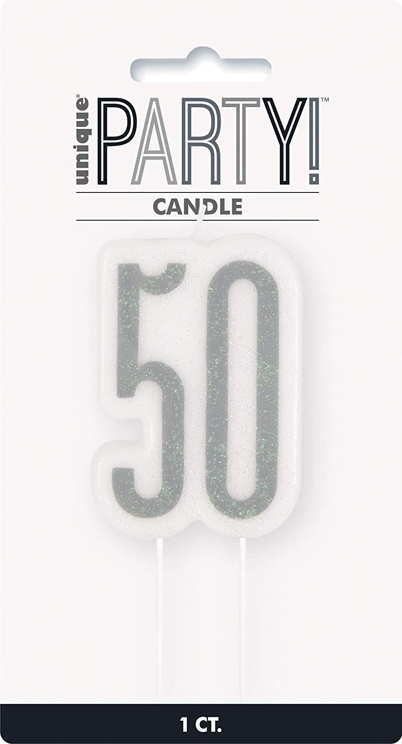 50th Birthday Anniversary Glittery Pick Candle, Black, Age 50