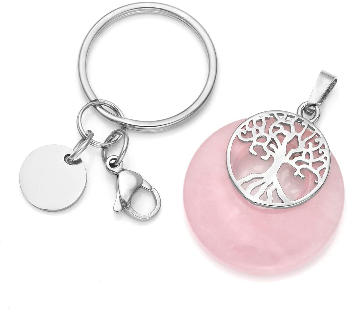 Jovivi Rose Quartz Healing Crystal Keyring Tree of life Gemstone Keychain Key Ring Gifts for Women Girls, 22mm - Image 2