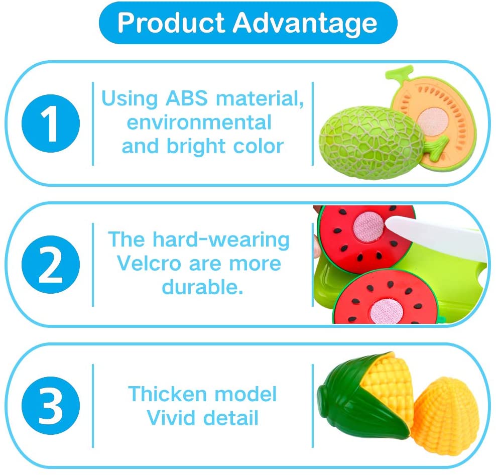 JoyGrow 32PCS Cutting Toys Play Food Fruits Vegetable Kitchen Playset Educational Learning Toy Boy Girl Kid with Handbag Packing (Blue) - Image 4