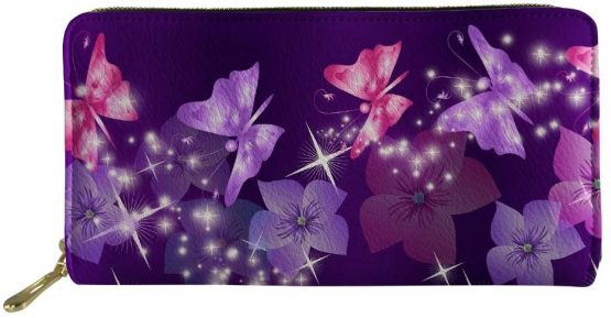 HUGS IDEA Floral Butterfly Women Wallet Travel Purple Clutch Bag Credit Card Long Storage Purse