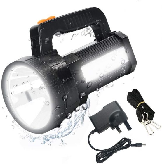 LED Torch Flashlight Rechargeable, 10000 Lumen Super Bright Searchlight Spotlight Camping Lantern Waterproof, 6 Lighting Modes for Outdoor Hiking Fishing, Shoulder Strap & UK Charger Included, Black