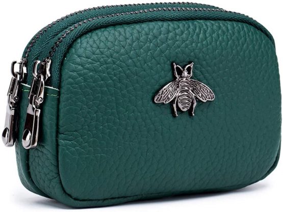 ZOONAI Genuine Leather Double Zipper Coin Purse Bee Change Pouch Credit Card Holder (Green)