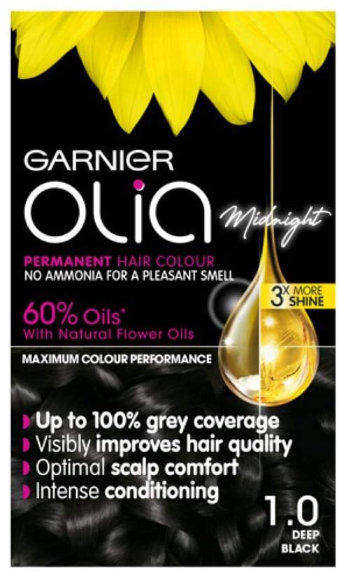 Garnier Olia Black Permanent Hair Dye, Up to 100% Grey Hair Coverage, No Ammonia, 60% Oils - 1.0 Deep Black