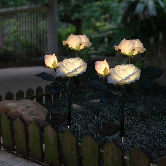 2 X Solar Garden Lights Outdoor Colour Changing Solar Flower Rose Lights Waterproof Solar Stake Lights for Garden Patio Backyard Pathway Driveway Decoration (White)