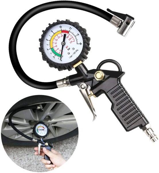 URAQT Tyre Pressure Gauge, 220 PSI Tyre Inflator with Pressure Gauge Air Compressor, Valve Air Chuck and 90 Degree Valve Extender for Heavy Duty Car Motorcycle Bicycle - Image 3