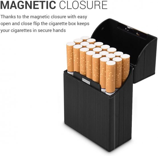 kwmobile Cigarette Case Box Holder - Plastic with Aluminum Coating Case for Cigarettes with Magnetic Flip Top Closure - Black - Image 4