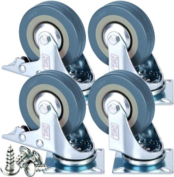 4 x Heavy Duty Braked 50mm Rubber Swivel Castor Wheel Trolley 200KG + Free Fitting