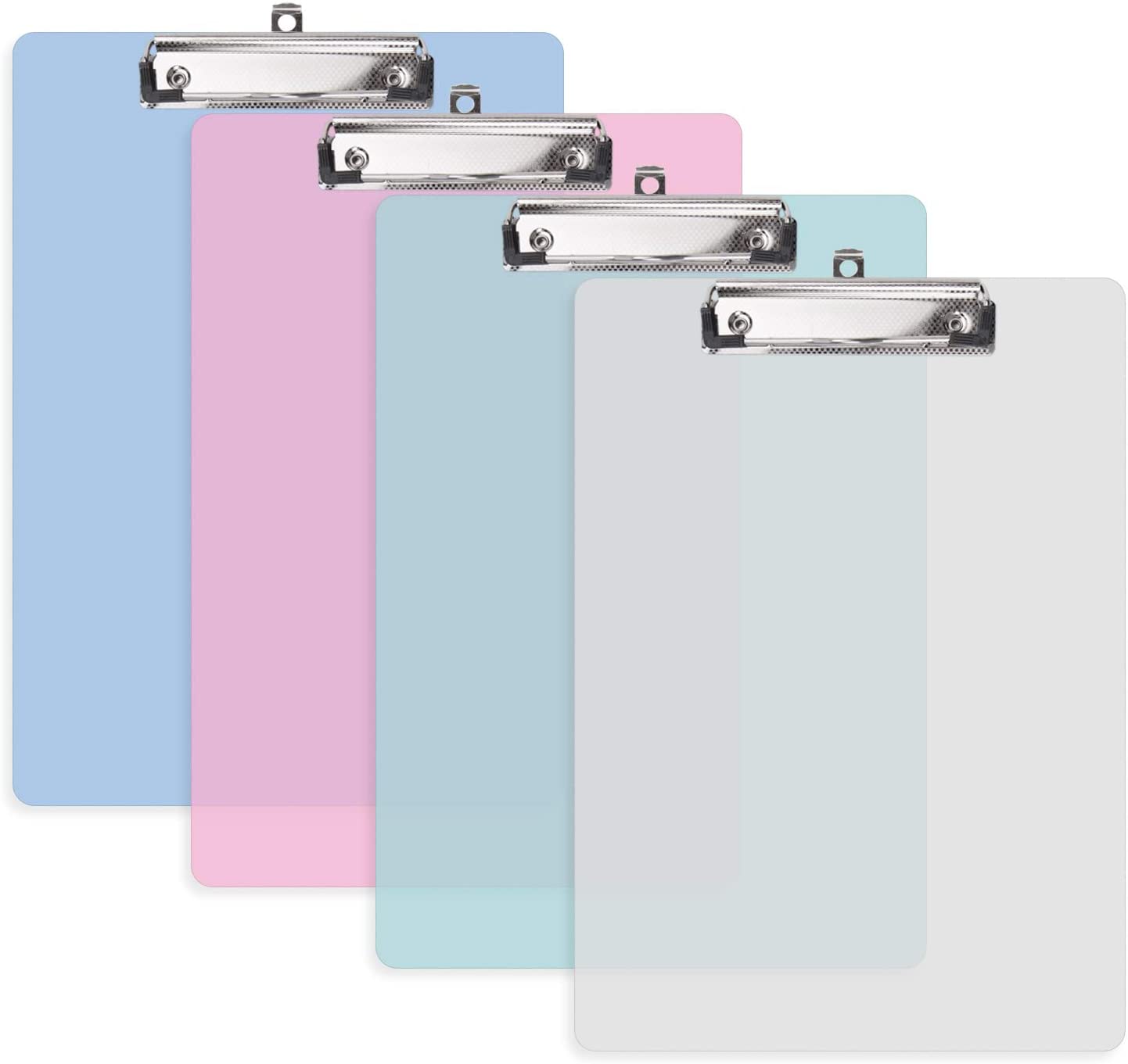 4 Pack Plastic Transparent Clipboard, A4 Plastic Transparent Clipboards, 4 Colors(315 * 225MM), Blue/Pink/White/Green