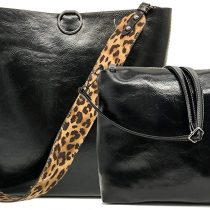 Women Leopard Print Bag Leather Tote Top Handle Big Shoulder Handbag Purse 2 Pcs