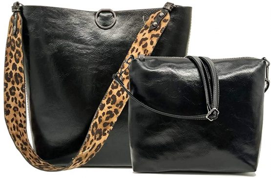 Women Leopard Print Bag Leather Tote Top Handle Big Shoulder Handbag Purse 2 Pcs