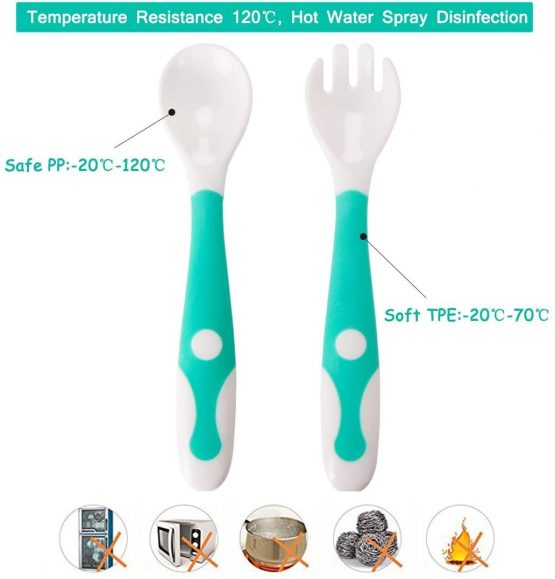 Baby Utensils Spoon Fork Set with Travel Safe Case Toddler Babies Children Feeding Training Spoon Easy Grip Heat-Resistant Bendable Soft Perfect Self Feeding Learning Spoons (Set of 2) - Image 4