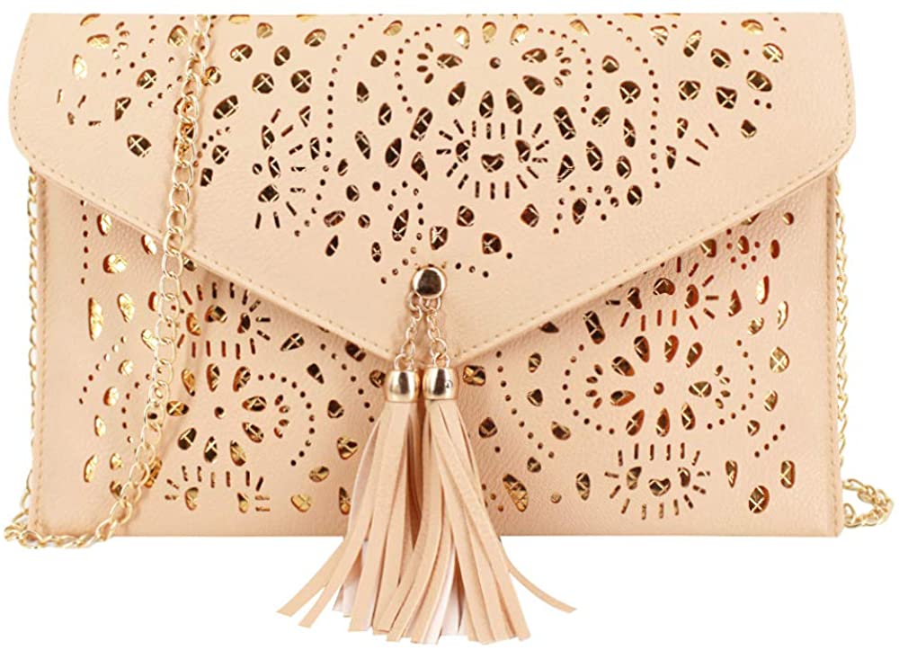 LA HAUTE Women's Flower Hollow Out Evening Bag Oversized Pu leather Clutch Handbag Elegant Chain Shoulder Crossbody Bag, Beige