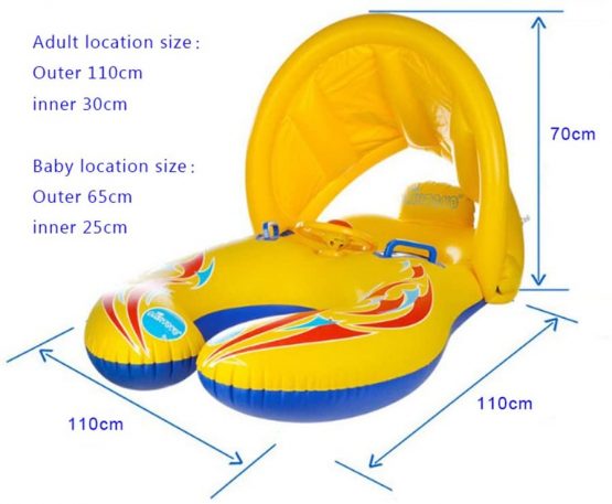 HONGCI Mother & Baby Newborn Swimming Float with Inflatable Sunshade Canopy, Swimming Ring, Swimming Pool Float Toy (Double Seat Boat for 6-36 Months Baby) - Yellow - Image 2