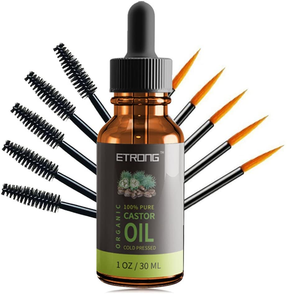 Organic Castor Oil,Pure Cold Pressed Castor Oil for Eyebrows,Eyelashes,Hair Growth,Nails,and Skin with 5 Sets of Eyebrow&Eyeliner Brushes (30ml)