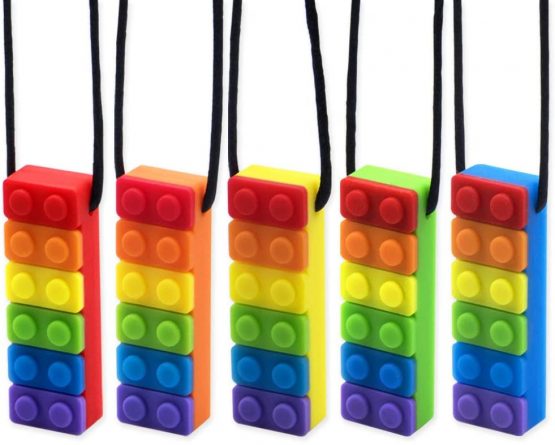 Novelfun Sensory Chew Necklace,5 Pack Rinbow Color Silicone Chew Pendant Training and Development Fidget Toy Chewing Necklace for Teething Babies,Autism ADHD SPD,Oral Motor,Anxiety,Autistic Children