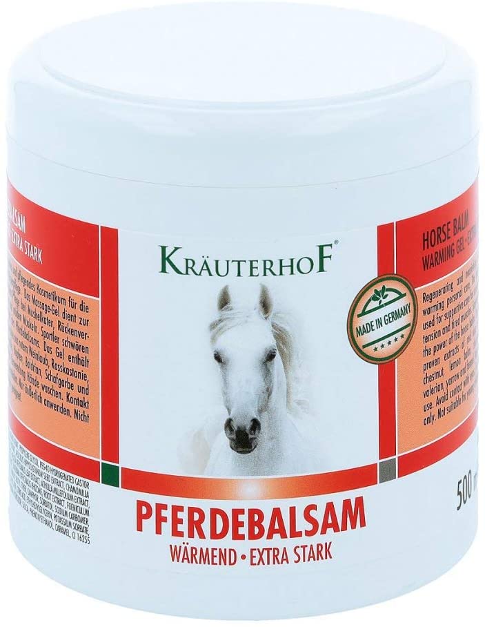 Kräuterhof Horse Balm Extra Strong Warming Massage Gel with Extracts of Red Vine Leaf / Horse Chestnut / Lemon Balm / Chamomile / Hops / Valerian / Yarrow / Fennel / Mistletoe / 500 ml
