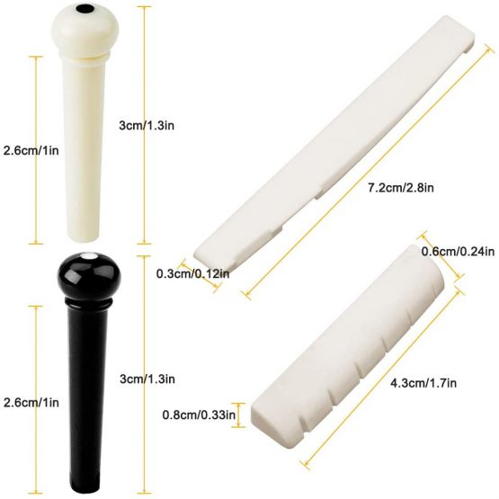FineGood 24 pcs Guitar Bridge Pins with 2 pcs Bridge Saddle and Nut, Plastic Acoustic Bridge Pins and 6 String Real Bone Folk Bridge Saddle Guitar Replacement - Ivory, Black - Image 3