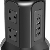 Tower Extension Lead, Vertical Power Strip with 6 sockets and 4 USB Ports, BEVA Multi Plug Charging Station with 2M Extension Cord for Home, Office, Black…