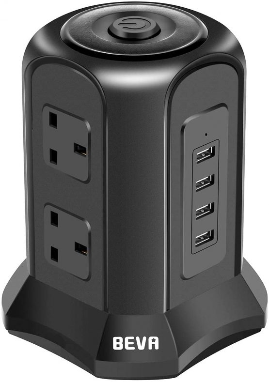 Tower Extension Lead, Vertical Power Strip with 6 sockets and 4 USB Ports, BEVA Multi Plug Charging Station with 2M Extension Cord for Home, Office, Black…