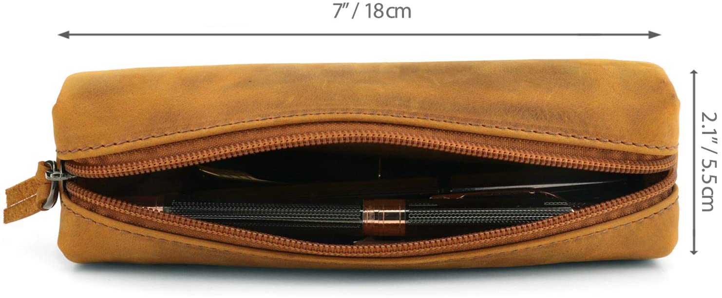 LONDO Genuine Leather Zipper Pen, Pencil & Cosmetic Case - Pouch Stationery Bag, Camel - Image 2