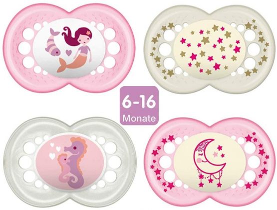 MAM day and night "Skin Soft" silicone dummy, 6-16 Mix, set of 4, including 2 sterilised transport boxes