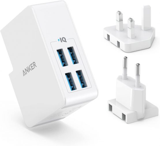 Anker USB Plug Charger 5.4A/27W 4-Port USB Wall Charger, PowerPort 4 Lite with Interchangeable UK and EU Travel Charger, Adapter for iPhone XS/XS Max/XR/X/8,Galaxy S8/Note 3,iPad Air 2/mini 3,and More