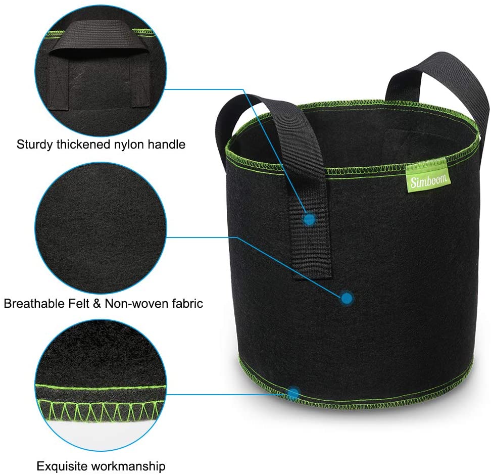 SIMBOOM Grow Bags For Vegetables, 5 Pack 3 Gallon Tomato Flower Plant Container With Handles Non Woven Aeration Plant Fabric Pot Outdoor Indoor Black