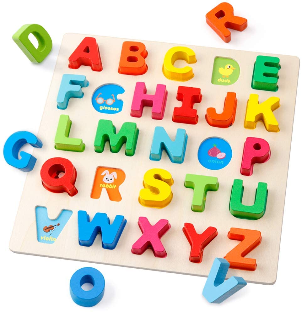 Wooden Alphabet Puzzle ABC Letters Peg Board Knob Jigsaw Blocks Early Learning Educational Toy Gift for 1 2 3 Year Old Toddler Baby Kids