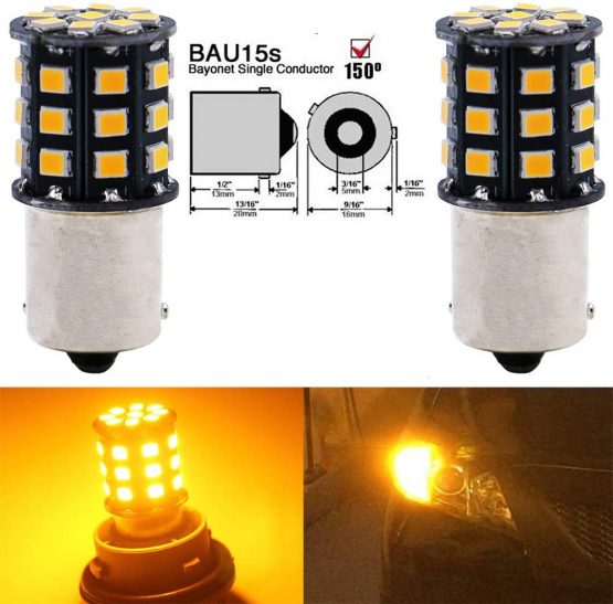 ALOPEE-(Pack of 2) Bright Yellow LED Car Turn Signal Light Replacement Bulb for Stock#1056 PY21W 7507 12496, with 33pcs 2835 Chips, No-Polarity, 12V-24V.
