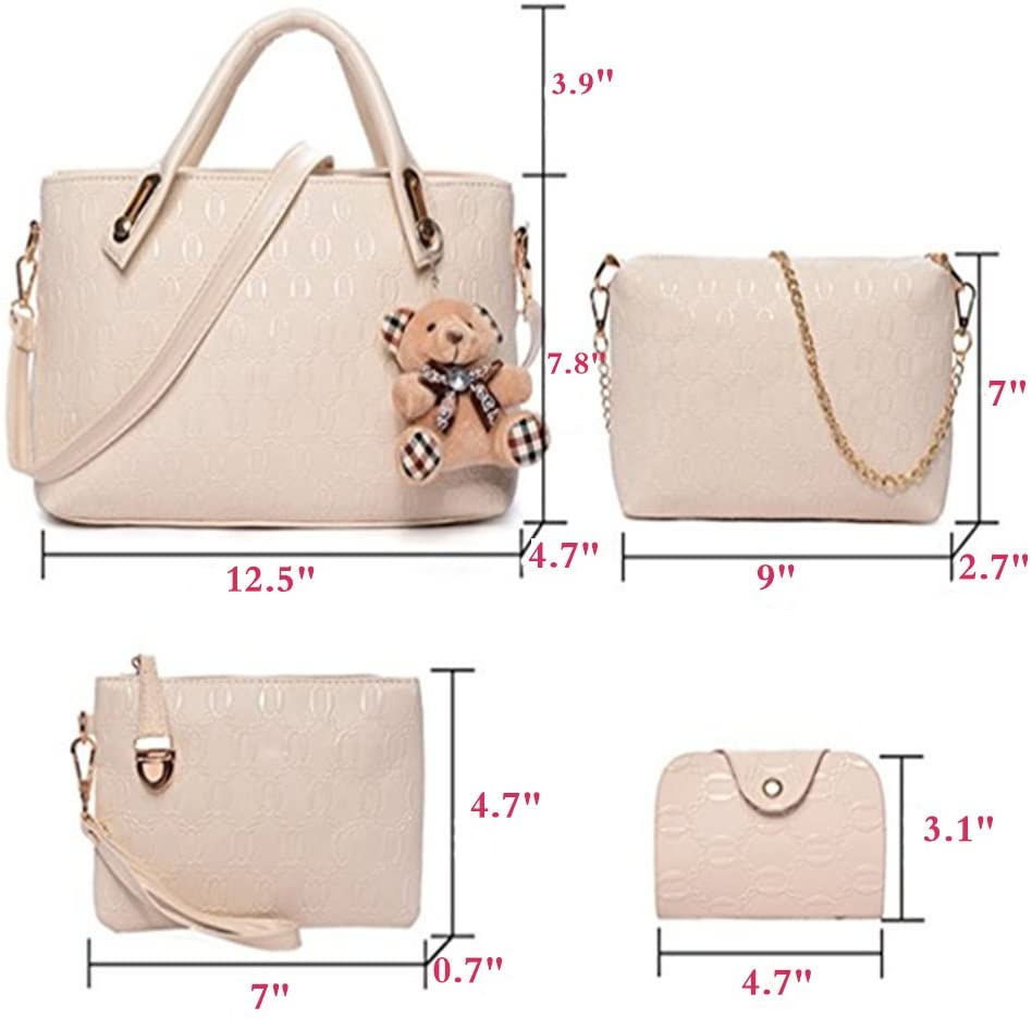 FiveloveTwo Women 4Pcs Top Handle Satchel Hobo PU Leather Handbag Set Large Tote + Purse + Shoulder Bag + Card Holder Beige - Image 2