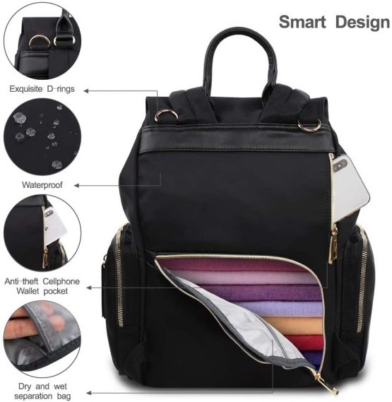 Hafmall Nappy Changing Bag Backpack, Waterproof Stylish Baby Diaper Bag with Insulated Bottle Pockets for Travel (Black) - Image 4