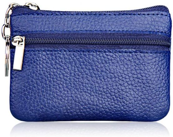 Hibate Mini Coin Purse Holder Wallet Leather Purses for Women Men Kids Zipper Pouch with Key Ring - Blue