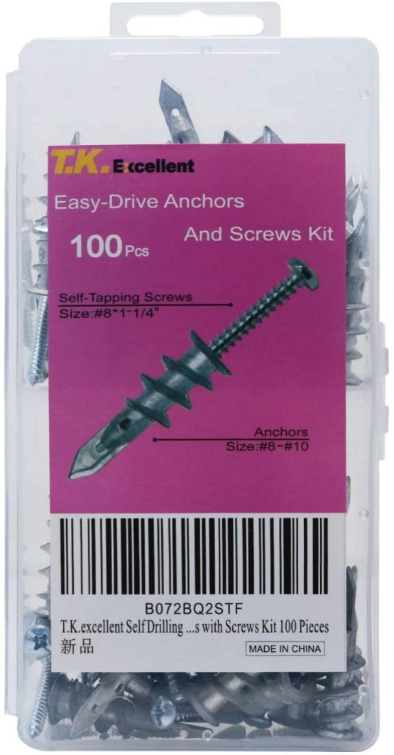 T.Kllent Self Drilling Drywall Anchors with Screws Kit,100 Pieces