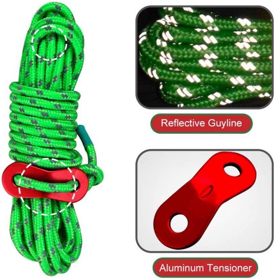 BHGWR 8 Pack Reflective Tent Guy Ropes, Light-Weight Tent Guide Lines Cord with Aluminum Tensioners Adjuster, 13 Feet Green Guy Rope Ideal for Outdoor Camping Hiking Awning Tents - Image 3