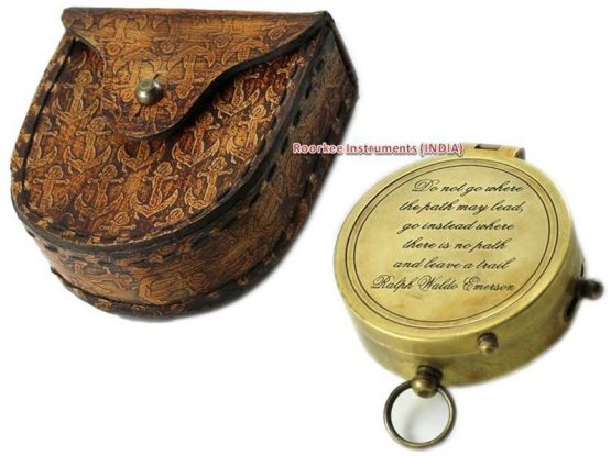 Roorkee Instruments (INDIA) Ralph Waldo Emerson Quote Solid Brass Compass with Anchor Embossed Leather Case
