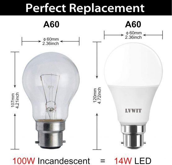 13.5W Daylight LED B22 Bayonet ,LVWIT A60 B22 GLS Bulbs,100W Equivalent,6500K Cool White Energy Saving Bulbs,Ultra Bright BC Bulbs,1521Lm, 220-240V ,Non-Dimmable ( Pack of 6) - Image 2
