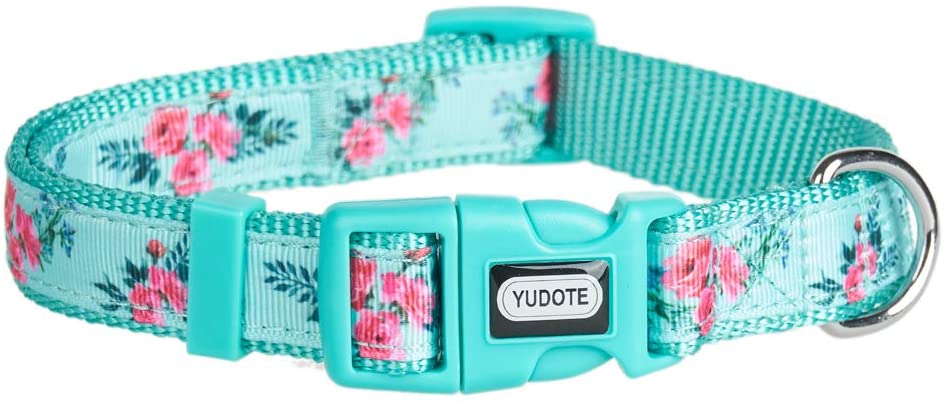 YUDOTE Adjustable Mint Green Nylon Dog Collar Small with Floral Patterned Ribbon for Puppies Active Female Dogs Neck 25-38cm - Image 2