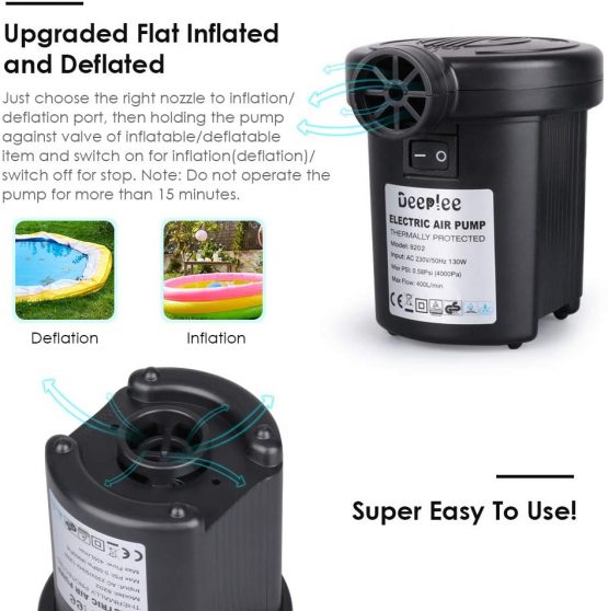 Deeplee Electric Pump, 130W High Power Electric Air Pump for Air Bed Mattress Inflatables Paddling Pool Beach Toys, AC 220-240V Quick-Fill Inflator Deflator with 3 Sizes Nozzle - Image 4