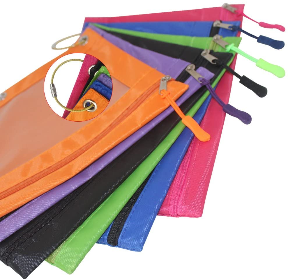 YuCool 6 Pack Zippered Binder Pencil Pouch with 6 Zipper Pulls, 3 Rivet