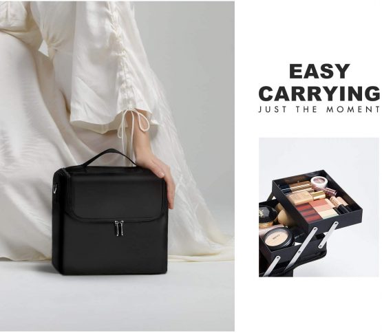 HST Large Beauty Makeup Nail Art Cosmetics Box Vanity Case Jewellery Storage Holder with Carry Strap Nylon Fabric Black, 29cm×21cm×25cm - Image 2